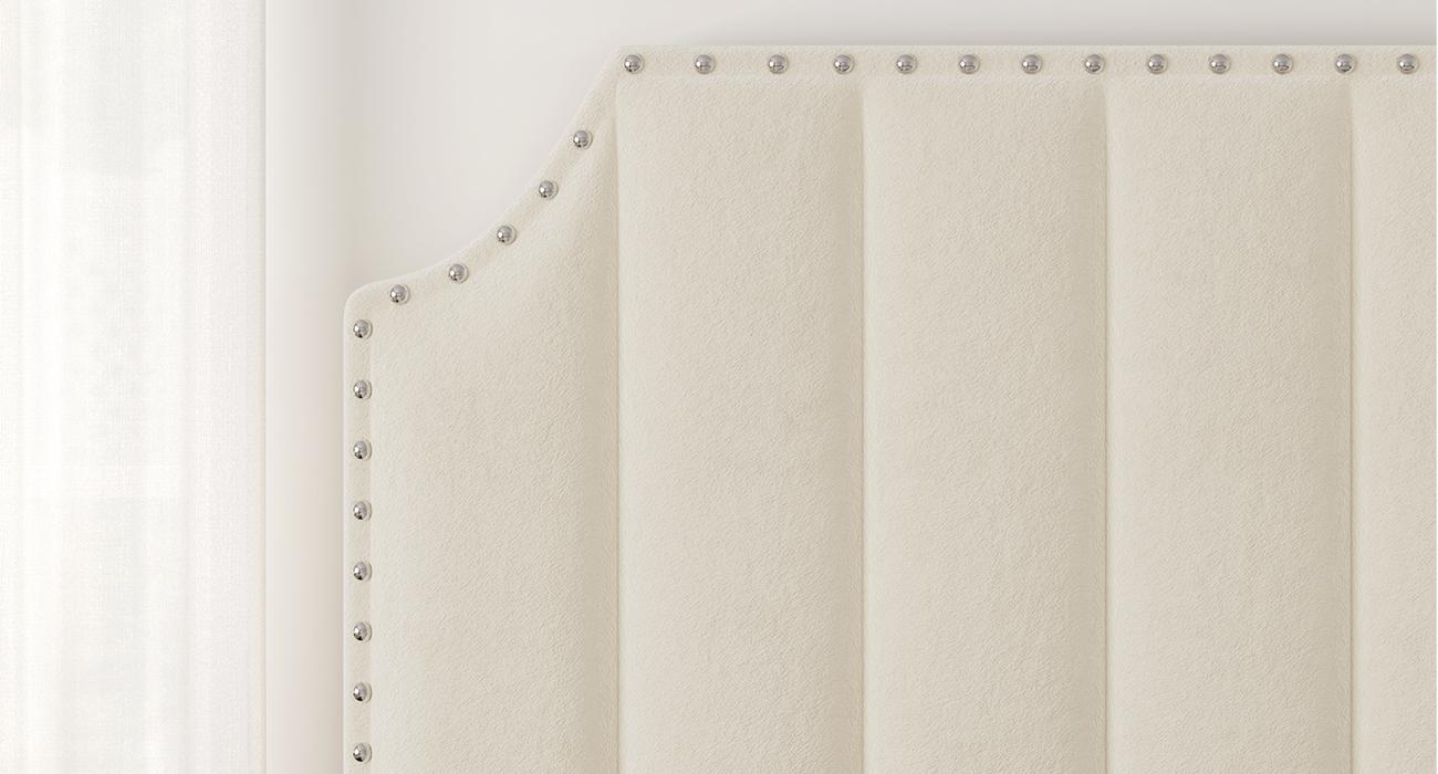 Queen Size Platform Bed Frame with 50.2" Headboard, Velvet Upholstered Bed Frame Queen with Vertical Channel Tufted Headboard & Footboard, Nailhead Trim, No Box Spring Needed, Cream