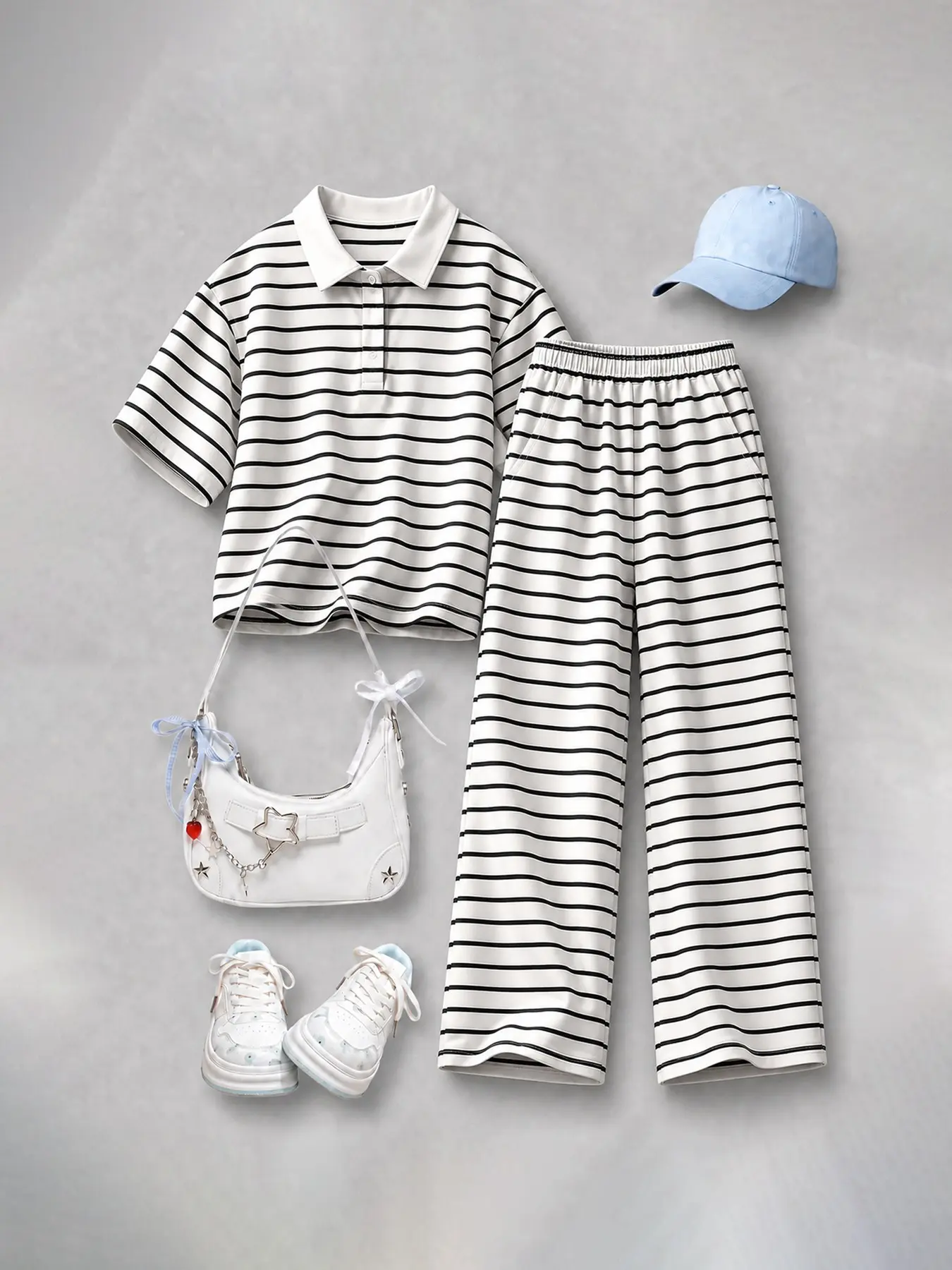Women's Teen Girls Two-Piece Casual Sports Set, Polo Neck Colorblock Design, Short Sleeve Top, Wide Leg Pants, Stripes, Comfortable