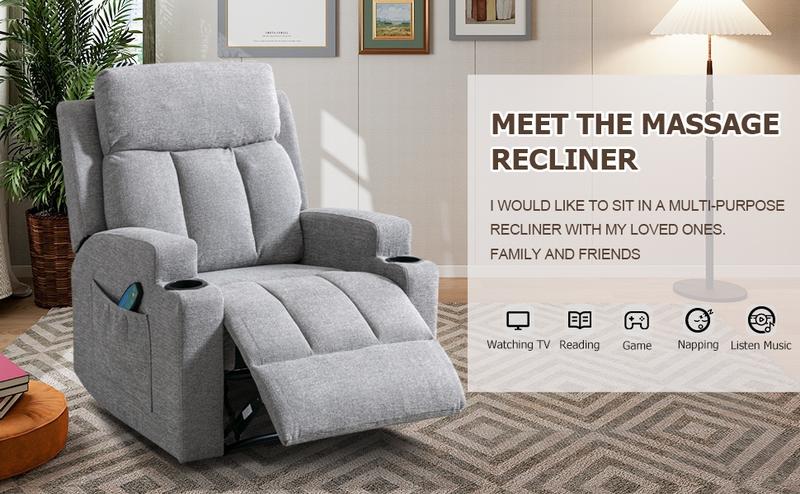 [HolidayHaul] Manual Recliner Chair with Massage and Heat Ergonomic Overstuffed Breathable Fabric Reclining Chair with 2 Side Pockets, 2 Cup Holders, Remote Control, Living Room, Bedroom