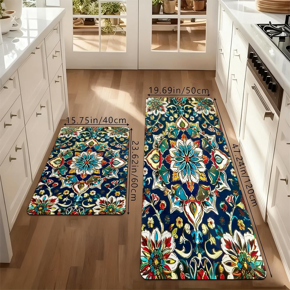 Vintage Boho Persian Floral Kitchen Rug Set, Moroccan Mandala Blue Non-Slip Washable Floor Mats, Bohemian Ethnic Runner Rugs for Kitchen, Living Room & Home Decor