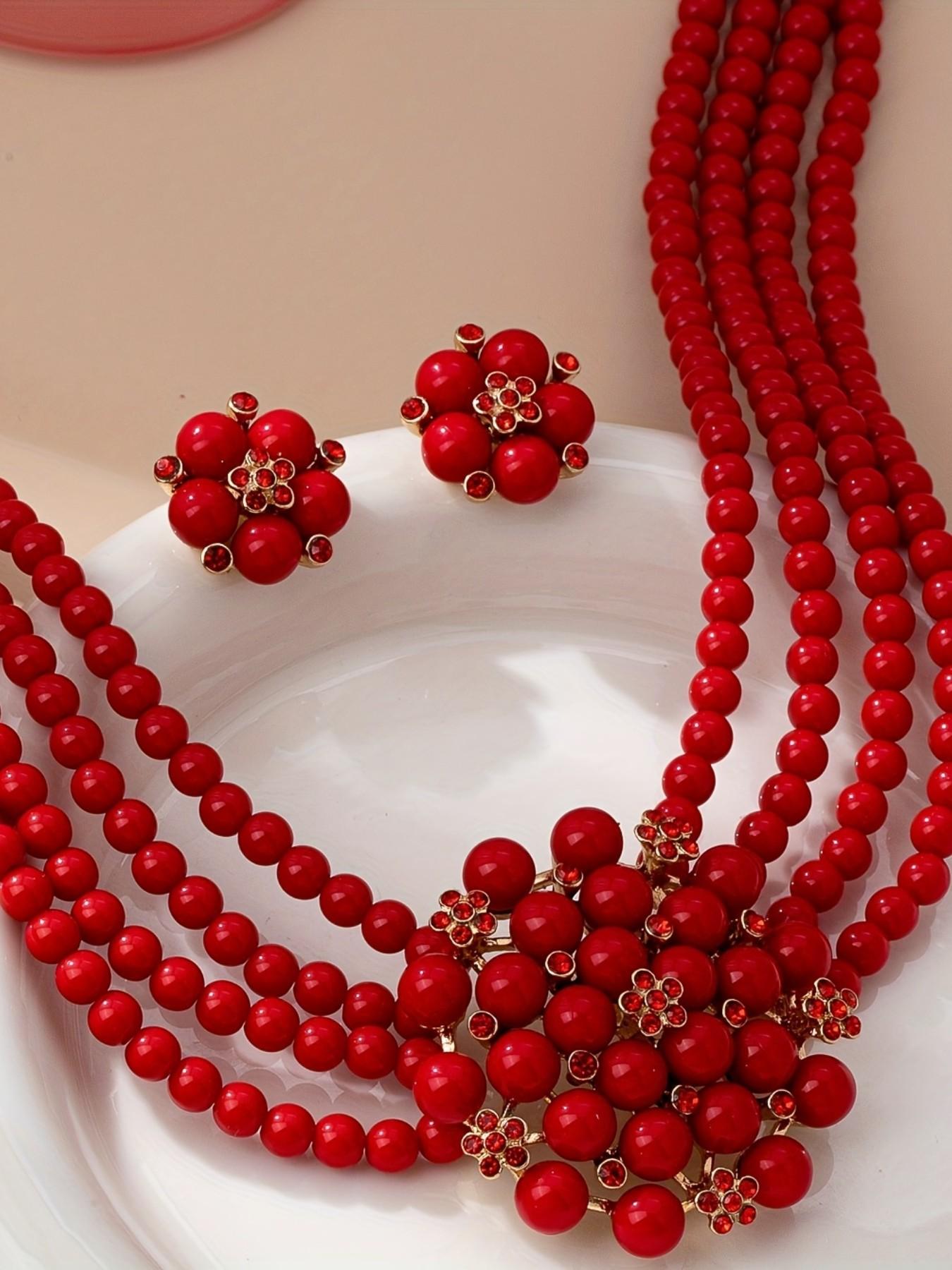 3-Piece Luxury Vintage French Style Multi-Layer Imitation Pearl Necklace Earrings Set, Perfect for Women's Evening Weddings Parties