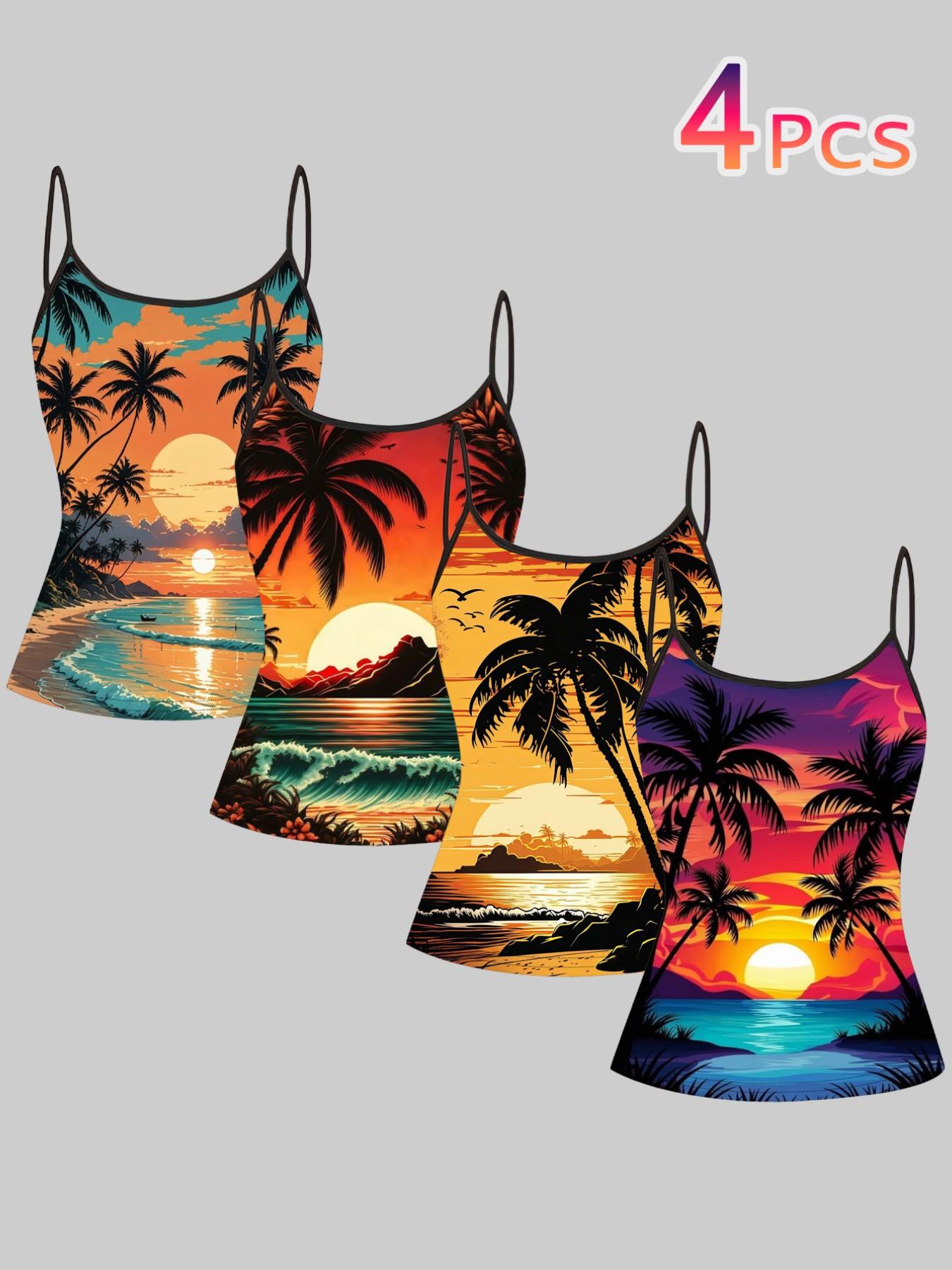 Beach Sunset Palm Tree Print Straps, Summer Home Sleepwear Outer Wear, Unique Slim Fit Top Set of Four Pieces