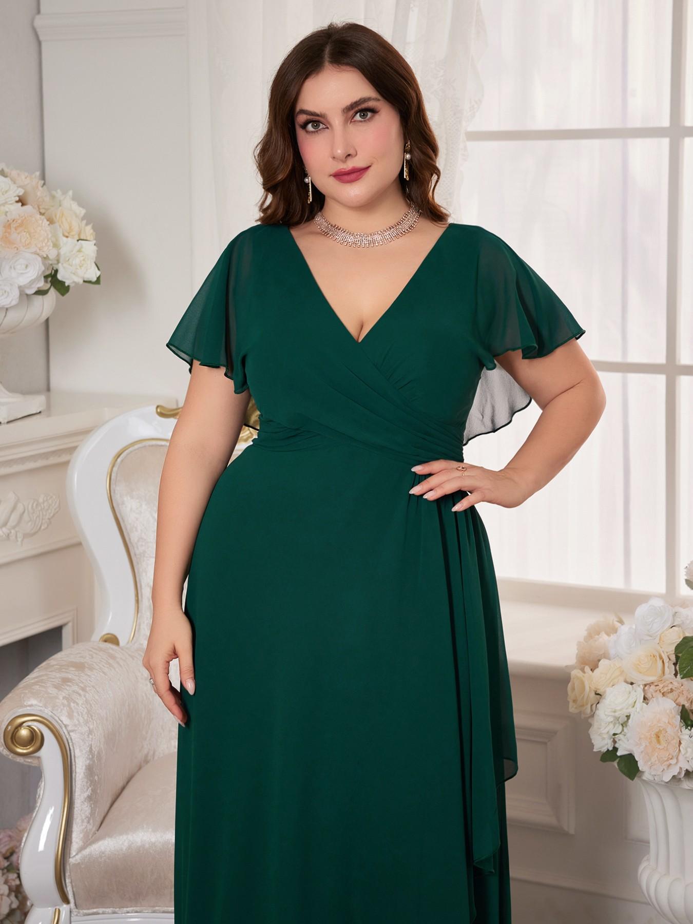 Elegant Chic V-Neck Chiffon Maxi Dress, Formal Plain Fitted Short Sleeve, Ruched Waist, Irregular Hem, Bridesmaid Gown Lady Womenswear for All Seasons