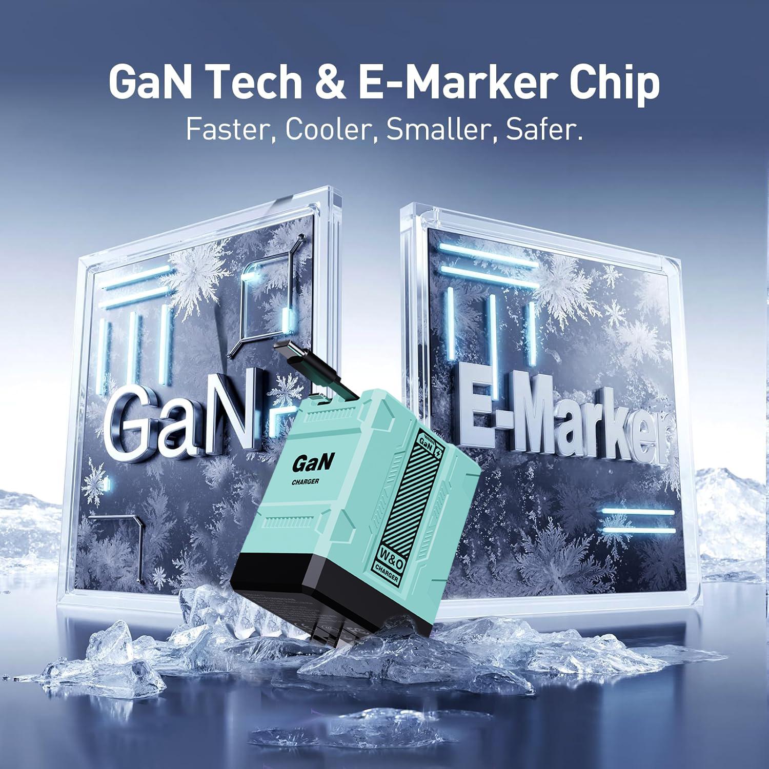 W&O 2 in 1 GaN Charger 80W MAX Fast Charger Folding Charging ortable Yellow Charging Block 2-Port Fast Compact GaN Charger