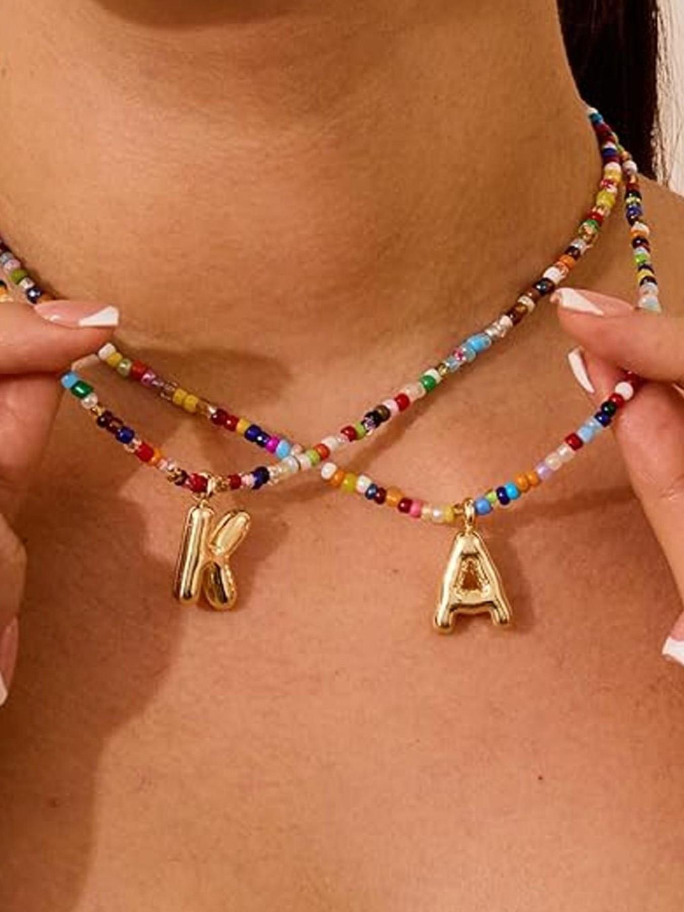 Women's Colorful Letter Necklace, Bubble Initial Necklace, Handmade Beaded Jewelry, Bohemian Beach Style, Perfect Gift, High-Quality Fashion Accessory