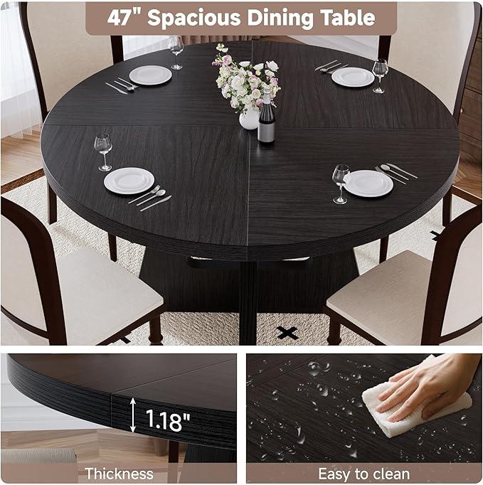 Round Dining Table for 4-6 People, 47" Dining Room Table with Wooden Pedestal Base, Circle Kitchen Tables for Kitchen, Dining Room, Living Room