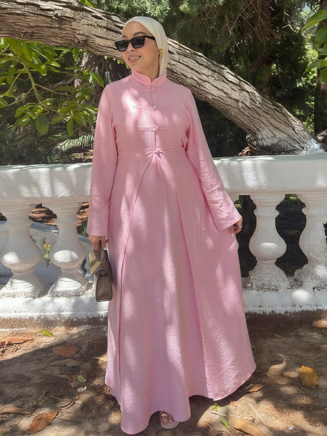 Women's Ramadan Muslim Abaya Solid Color Elegant Cardigan + Long Sleeve Dress Set, Casual Slim-Fitting Two-Piece, Modest Muslim Outfits, No Hijab Included