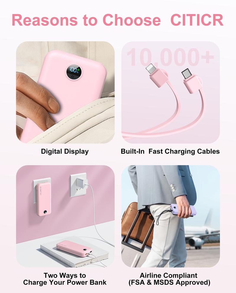 Diamuar Ultra-Thin 12,000mAh Power Bank with Built-in AC Plug & Cable, USB-C PD20W Fast Charging, LED Digital Display, Portable Charger for iPhone Androi