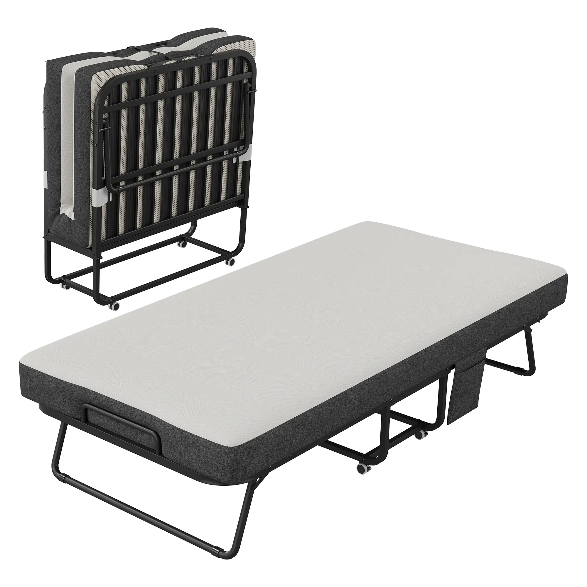 Portable Roll Away Bed with 5" Mattress for Adults, Foldable Guest Bed with Lockable Wheels, Folding Bed for Home Office, RV & Camping, Easy Assembly