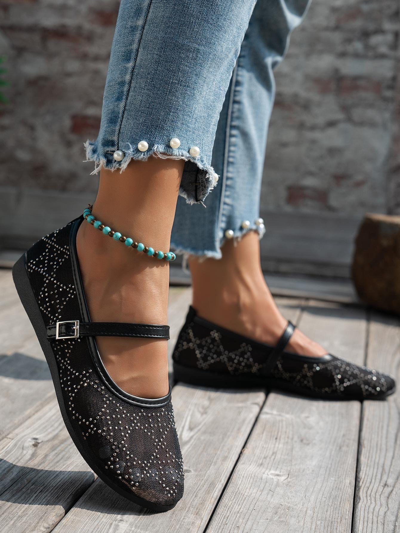 Women's Rhinestone Mesh Mary Jane Shoes, Summer Fairy Style Square Toe Ankle Strap Breathable Flats