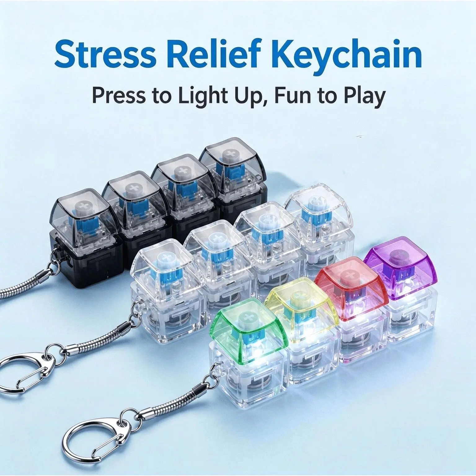 4-Key Transparent Light Up Stress Relief Button Keychain, DIY Finger Clicker Mini Keyboard Fidget Toy, Neon Glow Keyboard Key Squeeze Toy, Portable Stress Relief Decorative Key Chain for Kids Adults