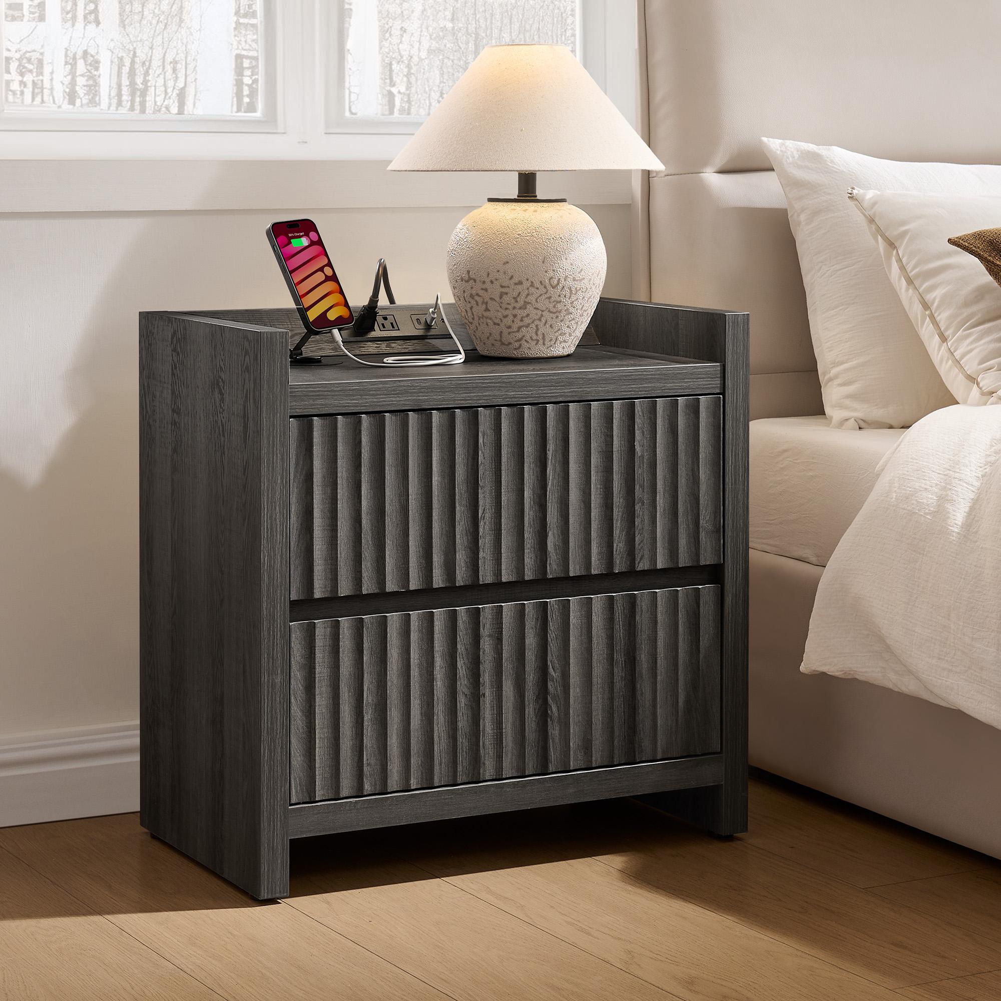 SICOTAS Night Stand Set of 2 Fluted Nightstands with Charger Station, Large Modern Nightstand Bedside Table End Table with 2 Drawers, 25" Wide Farmhouse Night Stands for Bedroom, Sofa Side