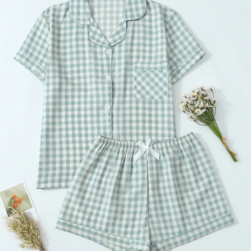 Women's Gingham Print Crop Shirt & Shorts Pyjama, Casual Comfy Short Sleeve Collared Top & Shorts PJ Set, Ladies Sleepwear for Summer, Loungewear