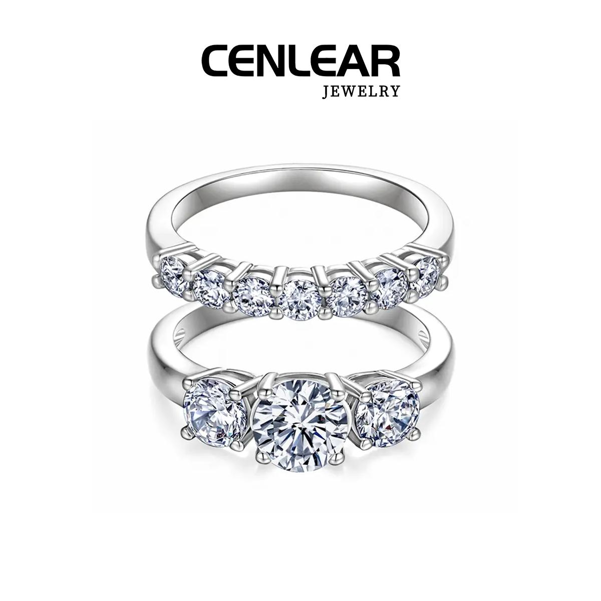 CENLEAR Female Stunning Ring Set - Women's 18K Gold-Plated Lab-Grown 2-Carat 3-Stone Stackable Fine Moissanite Wedding Rings Set for Engagement, Valentine's Day Gift