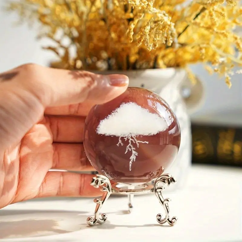 Mystic Lightning Cloud Crystal Ball on Silver Color Base, Witchy Room Decor, Halloween Gothic Home Accents, Unique Decorative Piece