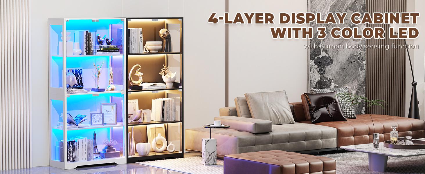 MIIFUNY Display Cabinet with Glass Doors, Storage Cabinet with 3 Color Light, 4-Tier Curio Cabinet Bookcase for Collectibles, Toys, Books, for Playroom, Bedroom, Study Room, White