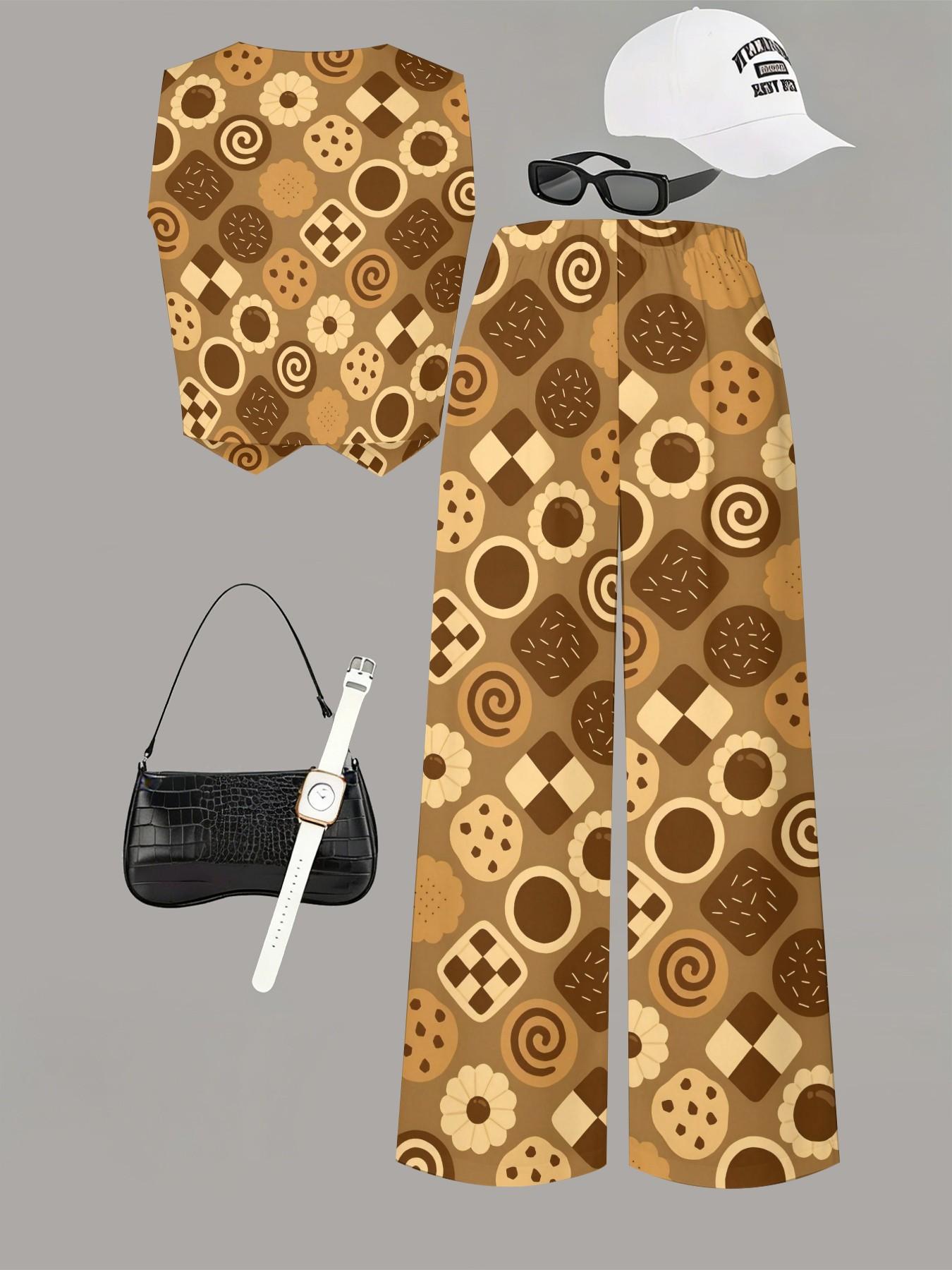 Caramel Cookie Print Vest Set, Soft Cute Style, Casual Streetwear, Fitted Without Collar, All over Print, Perfect for