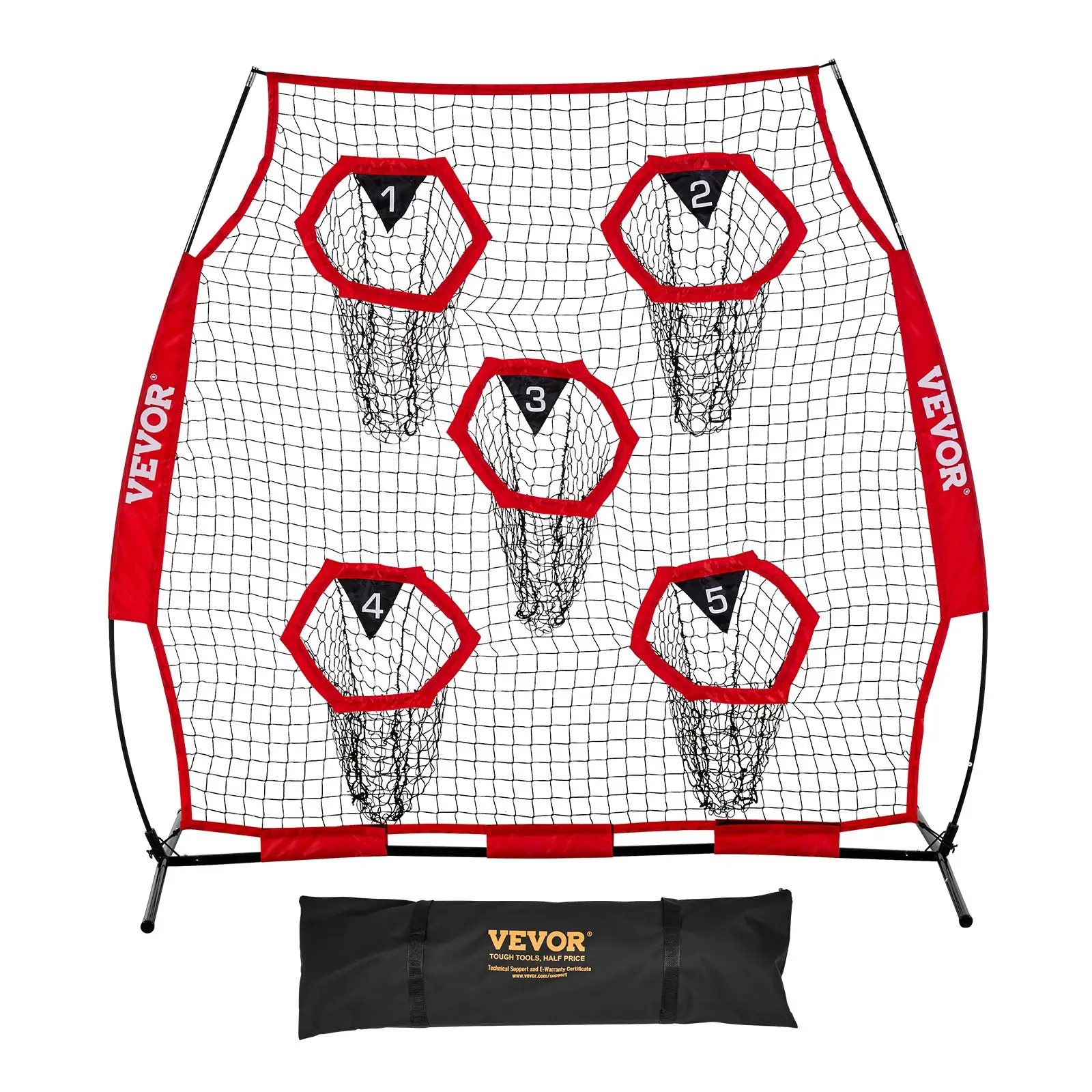 VEVOR 6x 6 ft Football Trainer Throwing Net, Training Throwing Target Practice Net with 5 Target Pockets, Knotless Net Includes Straps and Portable Carry Case, Improve QB Throwing Accuracy, Red