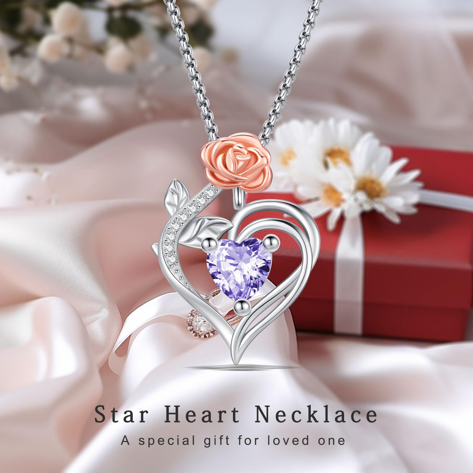 DRINSPER Elegant Rose Star Heart Necklace 925 Sterling Silver Necklace with Cubic Zirconia Decor, Elegant Fashion Casual Heart Rose Necklace for Women, Silver Heart Pendant with Rose Flower for Mother's Day Valentine Birthday