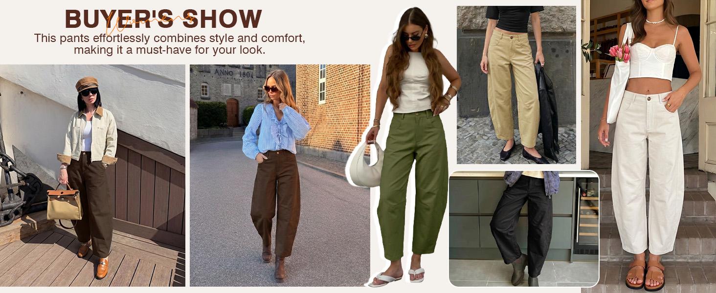 Tankaneo Womens Barrel Baggy Pants Casual Wide Leg Elastic Waist Palazzo Pants Mid Rise Loose Trousers