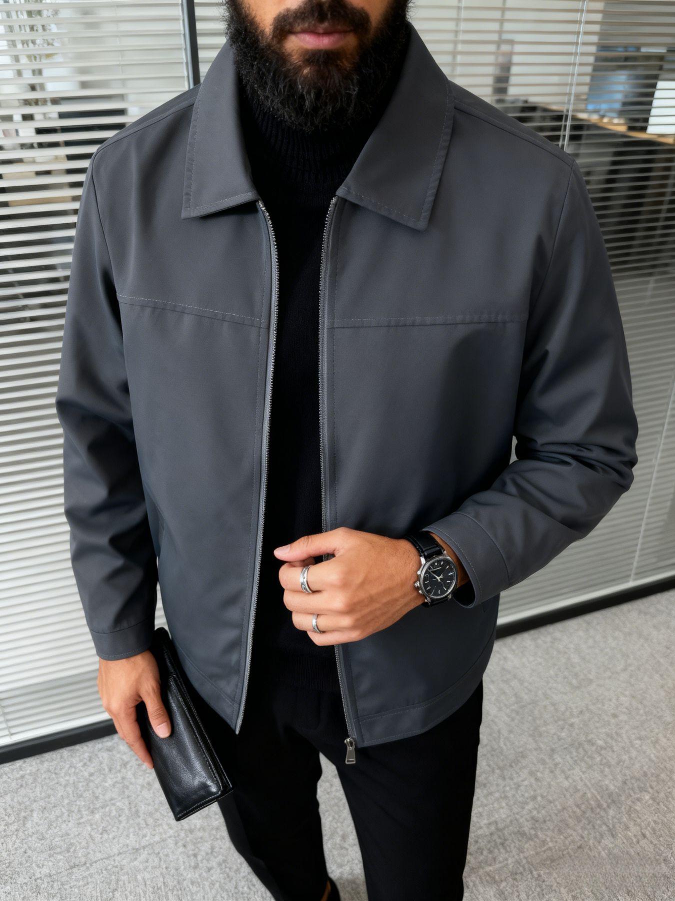 Men's collar casual jacket with zipper closure design, simple and light business style jacket, machine washable, 100% polyester fiber, easy to maintain fabric, suitable for daily leisure, work travel, and formal wear - Spring and Autumn