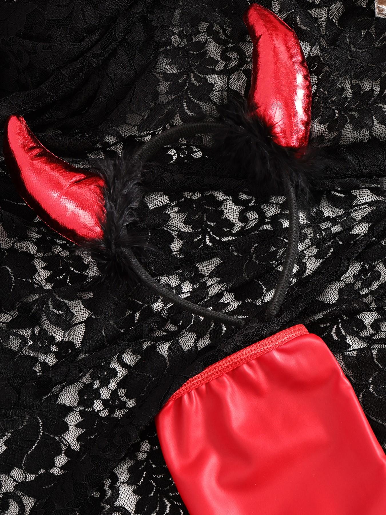 Halloween Devil 3-Piece Set Lingerie, PU Leather Bodysuit with Gloves and Horn Headband, Sexy Slim-Fit Patchwork Cosplay Costume