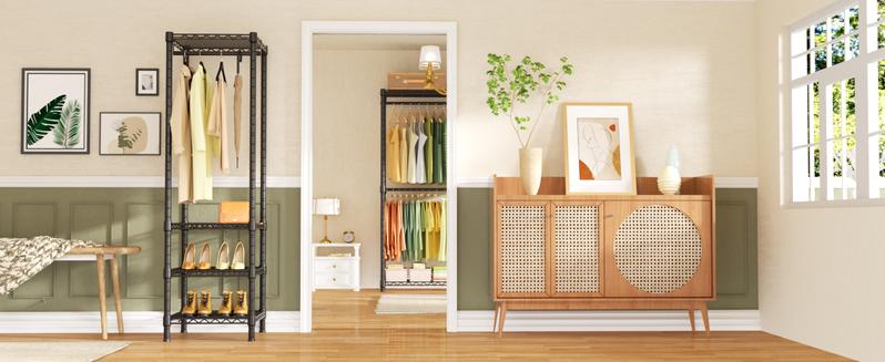 Ulif E10 Clothes Rack（With Stretchable Hanger Rod）Freestanding Clothing Racks for Hanging Clothes，Adjustable Closet Organizer System，Portable Garment Rack 73-97"W x 15" D x 72" H，Max Load 800LBS，Black Pastel