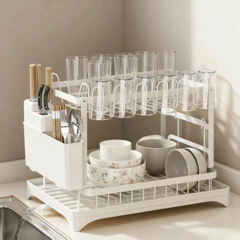 Countertop dish draining rack with removable drain tray and knife, fork and chopstick storage rack