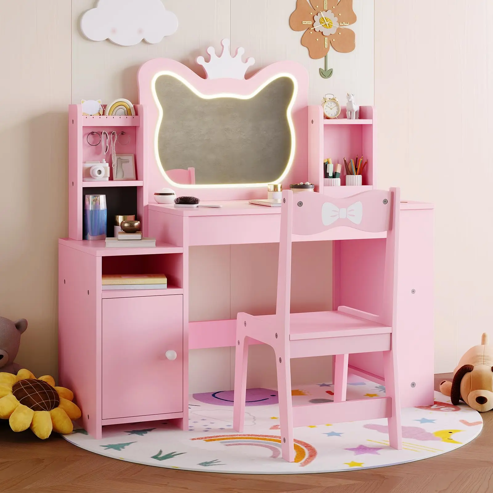 Hosslly Kids Wooden Rectangular Dressing Table with Mirror, Chair, Drawer and Shelf - Girls’ Indoor Makeup Vanity Furniture, White/Pink