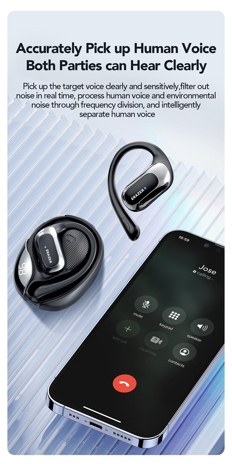 ERAZER X5 Wireless Earbuds, Open-Ear OWS Headphones, Ear Hooks Design , Wireless Earbuds, With HD Mic, Power Digital Display, 24H Playtime, Bluetooth 5.4 Earbuds, Gaming with Low Latency
