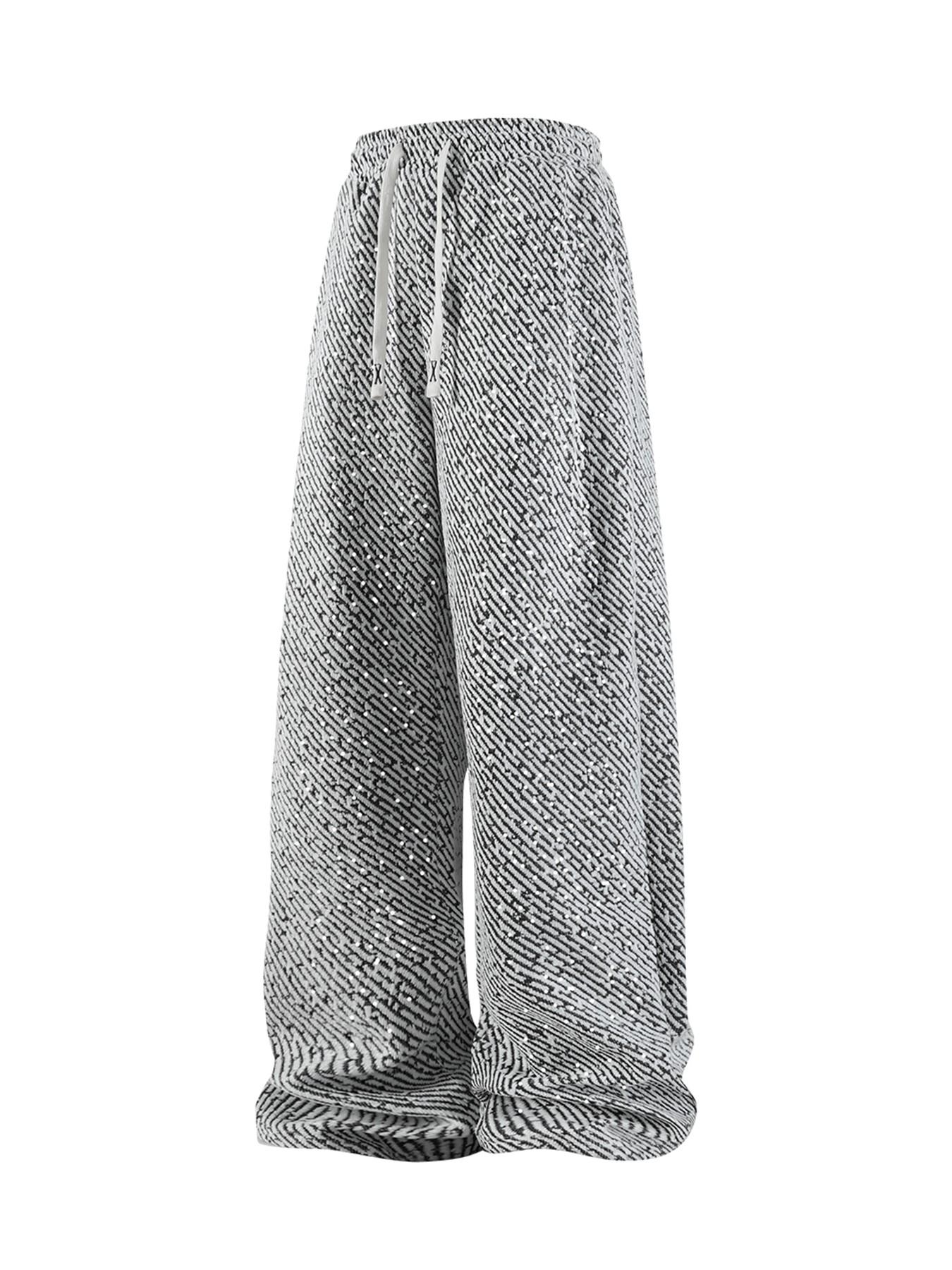 Men’s Burgundy Baggy Jeans with Allover Jacquard Pattern and Sparkling Rhinestone Details, Drawstring Wide Leg Streetwear Pants