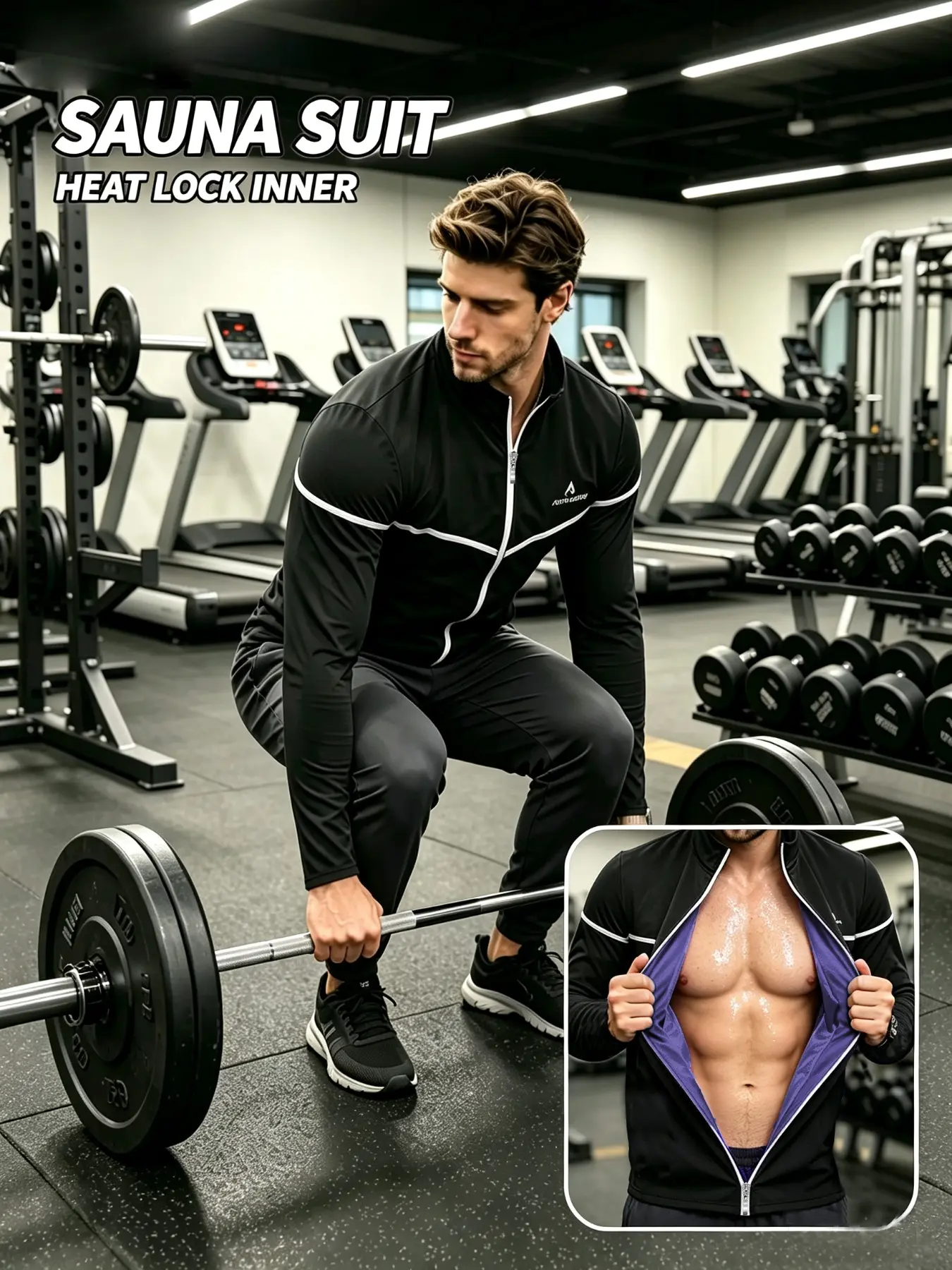 Men's Sauna Sweat Jacket, Zipper Long Sleeve Workout Top, Fitted Casual Fitness Trainer for Gym Training, All Seasons