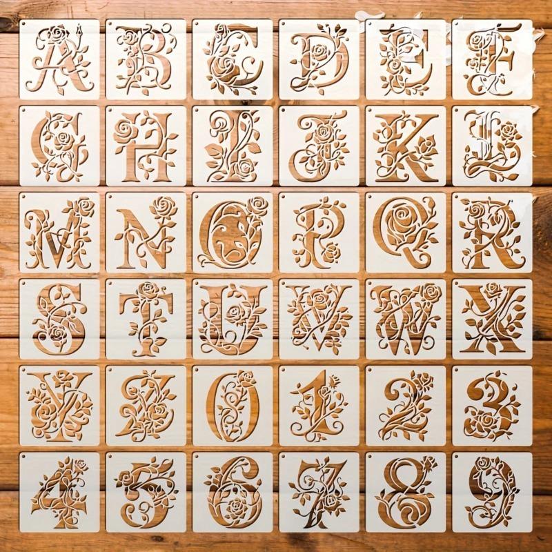 36 Floral Alphabet Number Stencils, Reusable Rose Letter Painting Stencils, Hollow Graffiti Stencils, Wall Stickers, Spray Molds, Crafts