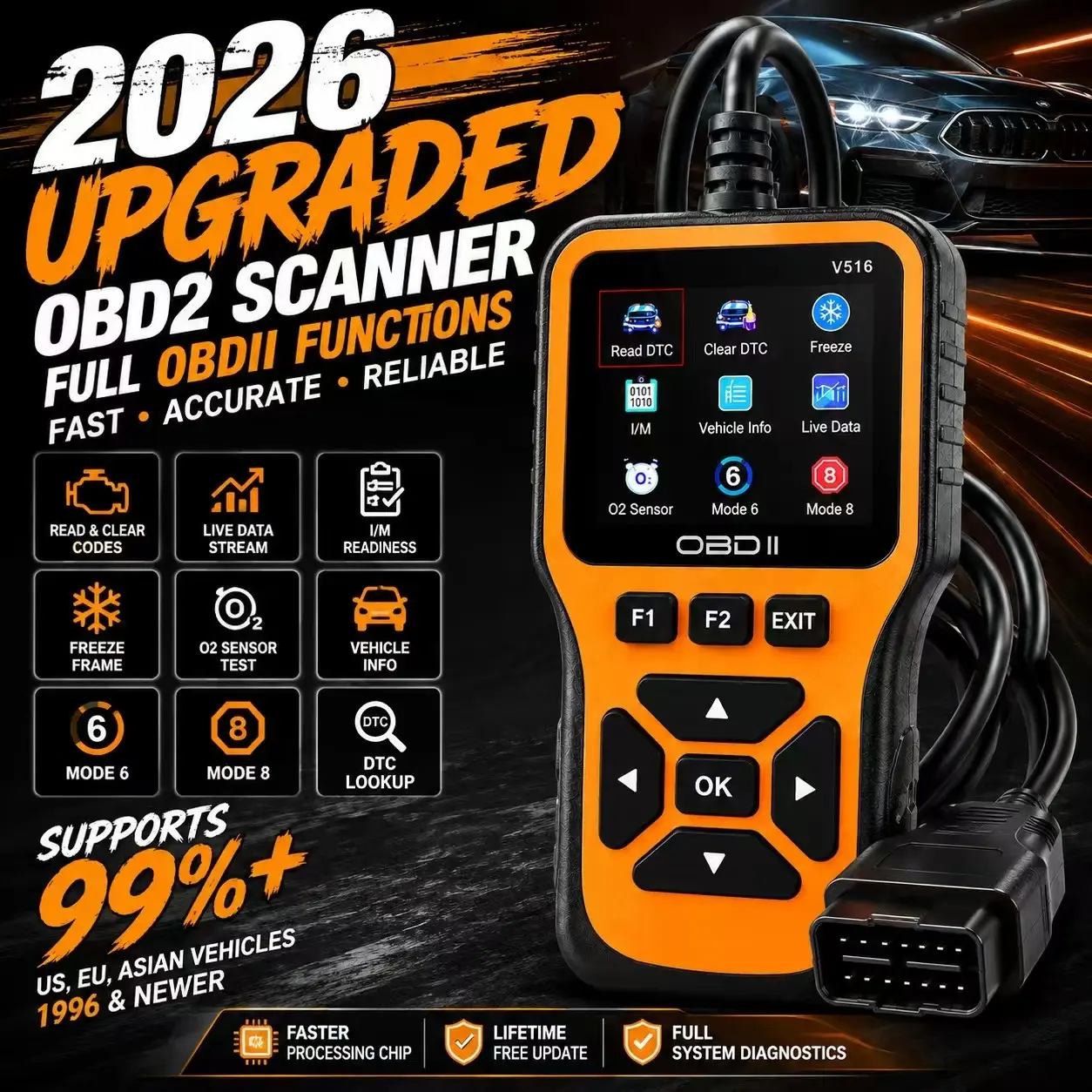 V516 Obd2 Scanner Diagnostic Tool for Cars, Auto Code Reader with Color Screen, Read & Clear Engine Fault Codes, Live Data Stream, 12V Obdii Eobd Car Scanner Vehicle Diagnostic Tool