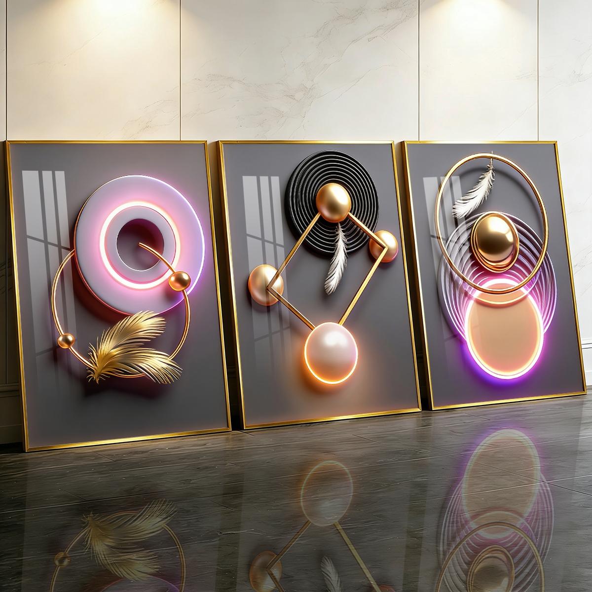 3 Counts Aluminum Alloy Framed Painting, Modern Geometric Feather Art Pictures, Home Decoration For Living Room, Bedroom, Office, Restaurant, Hallway Wall Decor, Odorless Print Artwork, Luxury Perfect Gift For Friends And Family