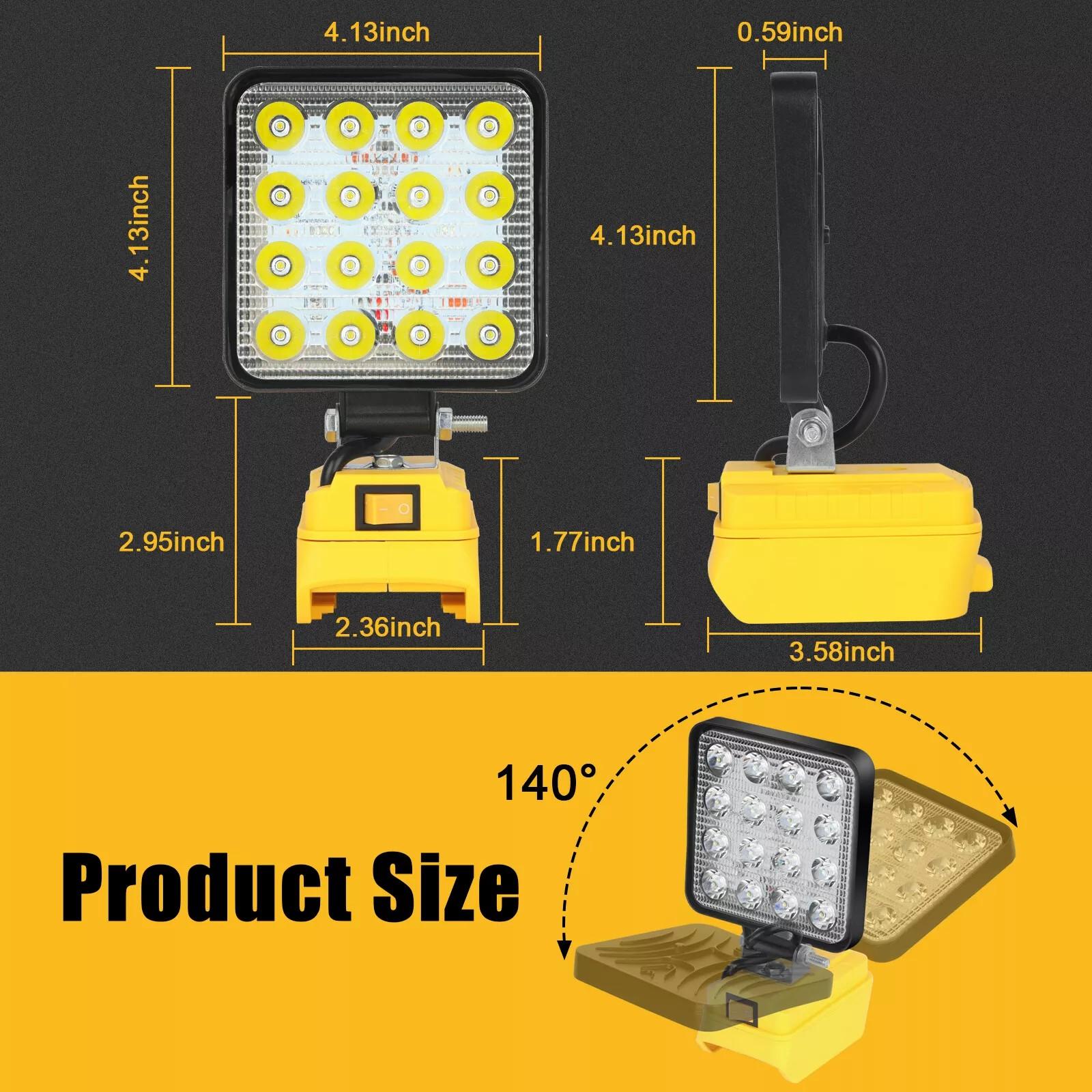 KUNLUN Cordless LED Work Light for De Walt 20V Battery, 4800LM Portable Flood Light with USB Charging, 140° Adjustable Head for Jobsite & Outdoor Use (Battery not included) Power ,Luminous Flux, Lamp Beads ,Diy Projects