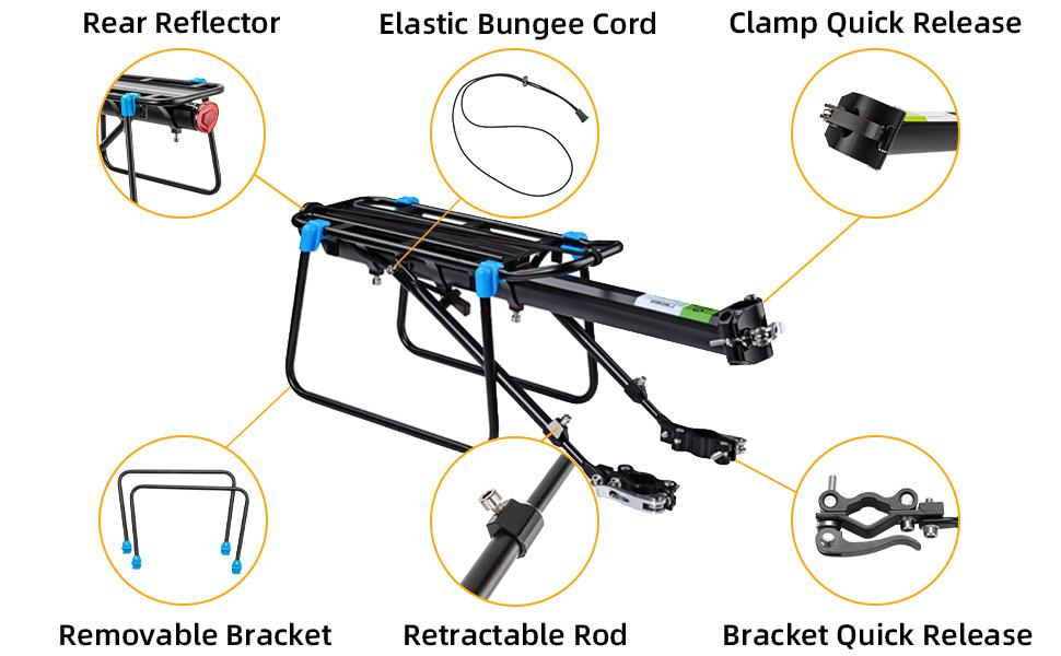 ROCKBROS Quick Release Rear Bike Rack, Aluminum Alloy Cargo Rack with Bike Trunk Bag 13L-25L Bike Rear Rack Bag and Bike Panniers Waterproof Bike Rear Rack Bag Max 30L Large Capacity for Mountain Bikes