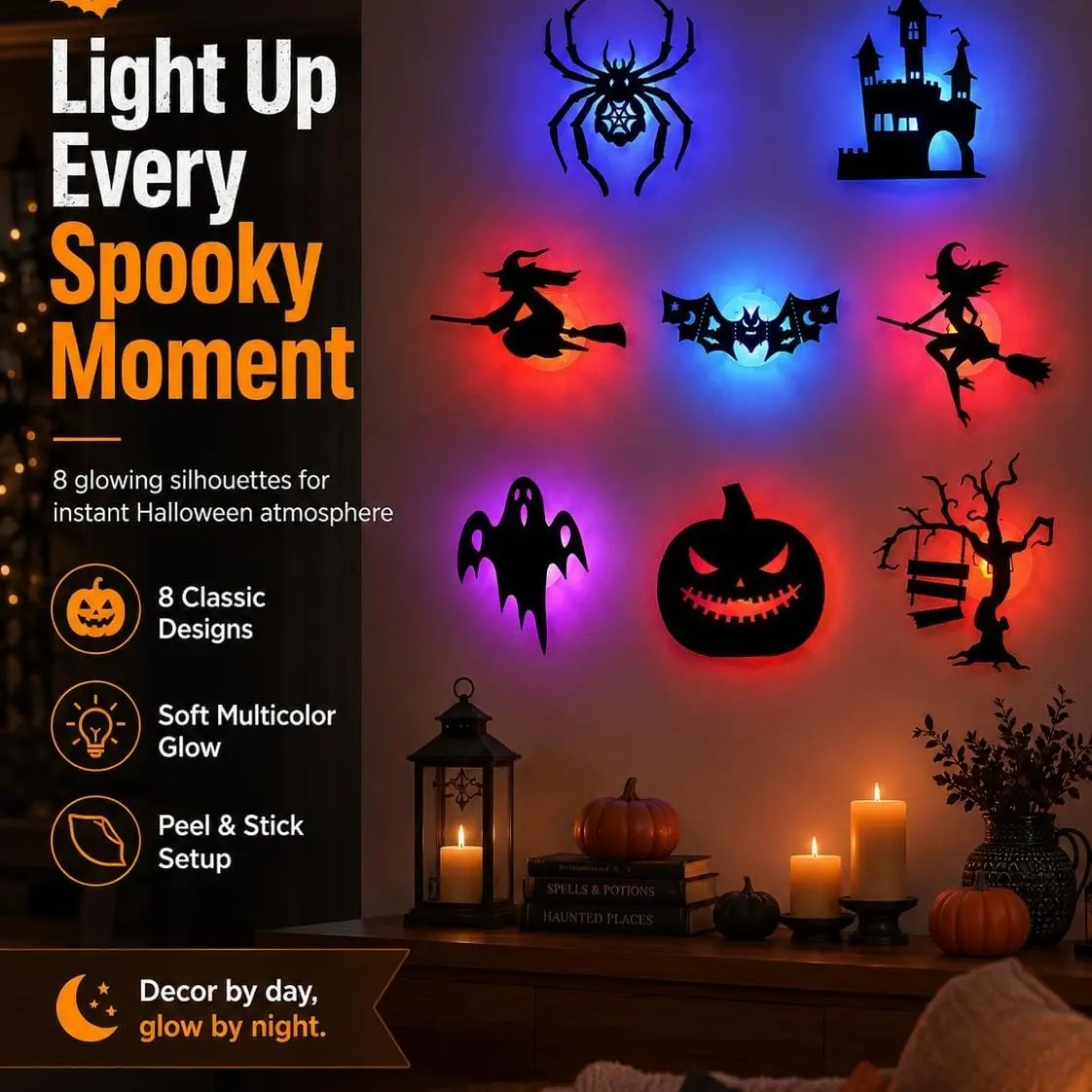 Bat lights Halloween decorations, Halloween wall lights, LED bat lights, spider and witch shapes, 8/12/16 piece set, eerie wall decorations for Halloween party homes, easy to install, suitable for window and door party decorations, festive atmosphere