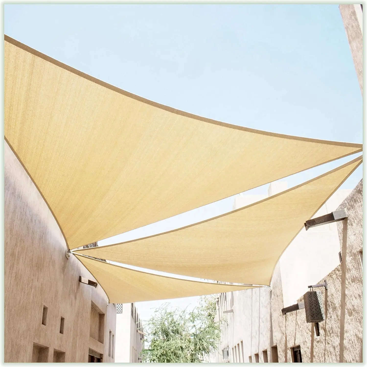 Triangle Shape Beige Sun Shade Sail (8' Equilateral), UV Blocking UPF50 190 GSM Mesh Canopy Fabric, Commercial Heavy Duty, 3 Years Warranty (Custom Sizes Available)
