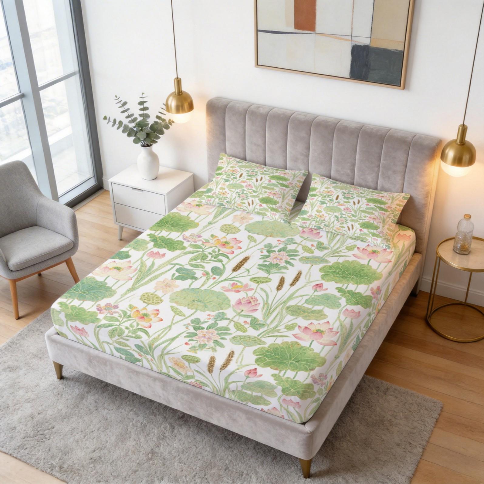 3 Piece Watercolor Lotus Pond Fitted Sheet Set, HD Digital Printed Deep Pocket Bed Sheet, Soft Breathable Bedding Set with Pillowcases (No Insert) for Bedroom Home Decor