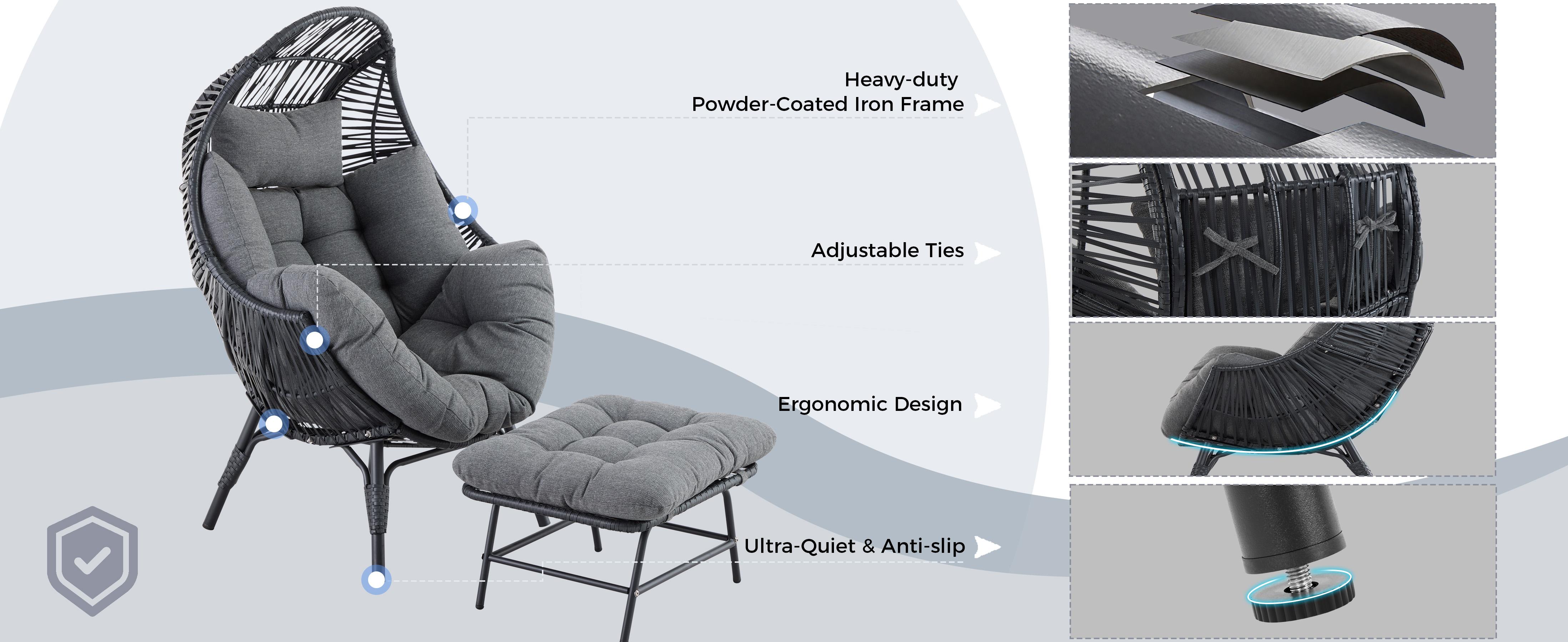 IRONCK Wicker Outdoor Egg Chair with Ottoman, Patio Lounge Chair with Footrest, Thickened Padded Cushion and Headrest, Egg Seat for Patio, Living Room, Garden, Balcony, Dark Gray