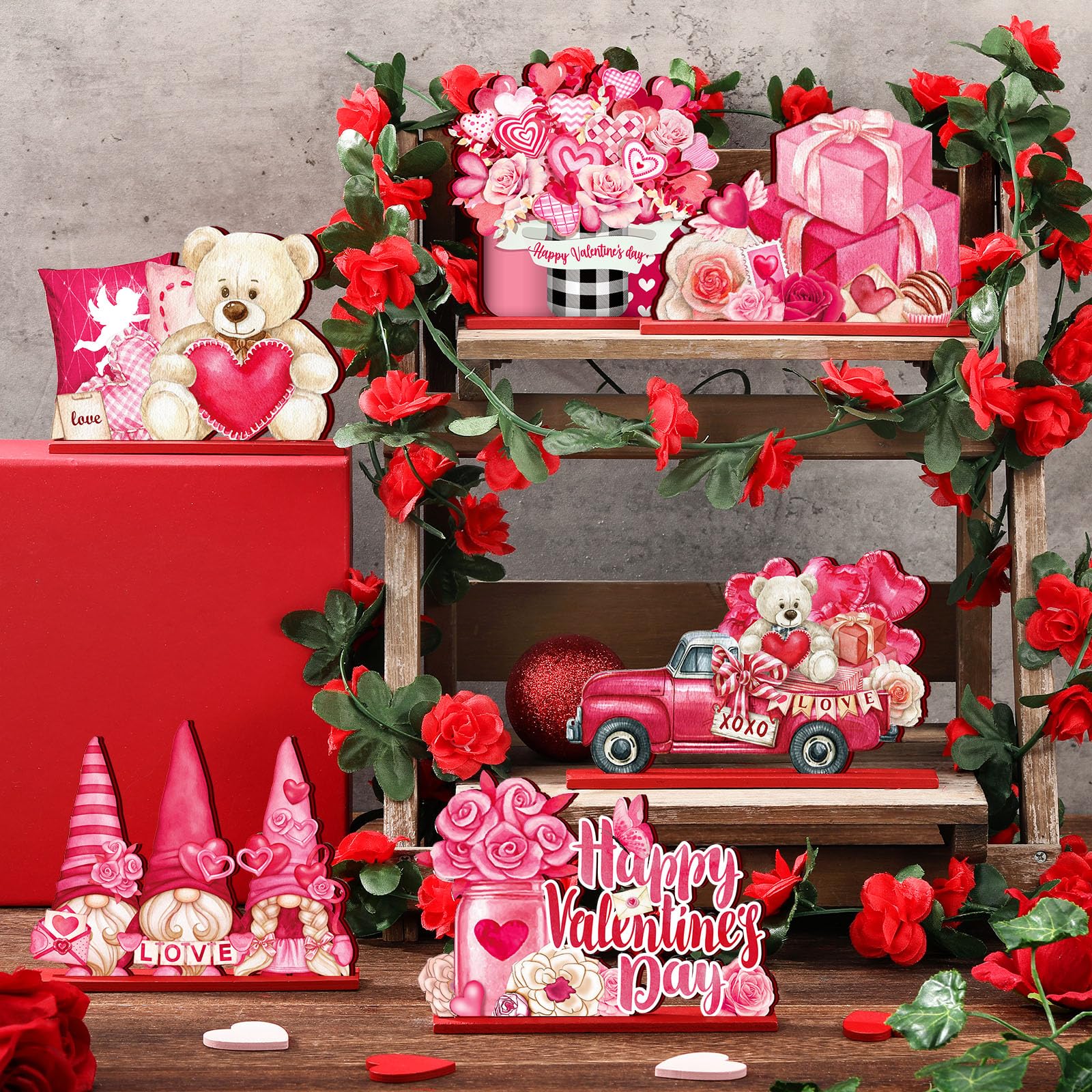 St. Patrick's Day & Valentine's Day Reversible Gnome Wood Signs, Double Sided Irish Theme Wooden Standing Blocks & Love Car Rose Truck Heart Decor, Table Centerpiece for Tiered Tray Farmhouse Kitchen, Ideal for Irish Families, Gnome Lovers & Couples Gift