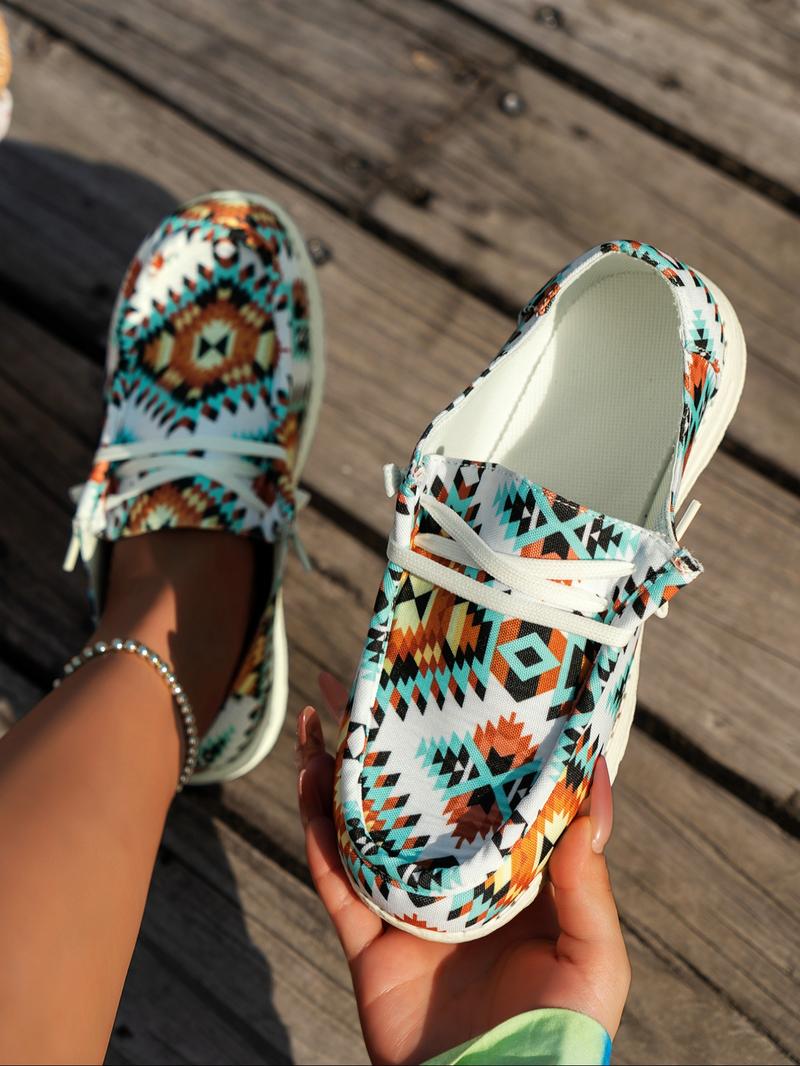 Women's Fashion Ethnic Pattern Lace up Low Top Sneakers, 1 Pair Casual Comfortable Lightweight Flat Shoes, All-match Soft Sneakers for Daily Wear, Lightweight Footwear