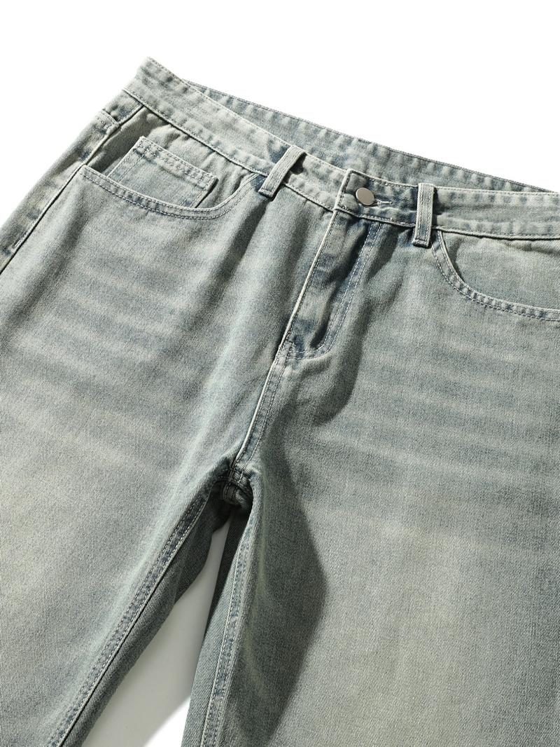 Men's Vintage Washed Denim Jeans, Basic Loose-Fit Wide-Leg Style, American Streetwear Trendy Look, Cotton Fabric, All Seasons Men's Vintage Washed Denim Jeans, Basic Loose-Fit Wide-Leg Style, American Streetwear Trendy Look, Cotton Fabric, All Seasons
