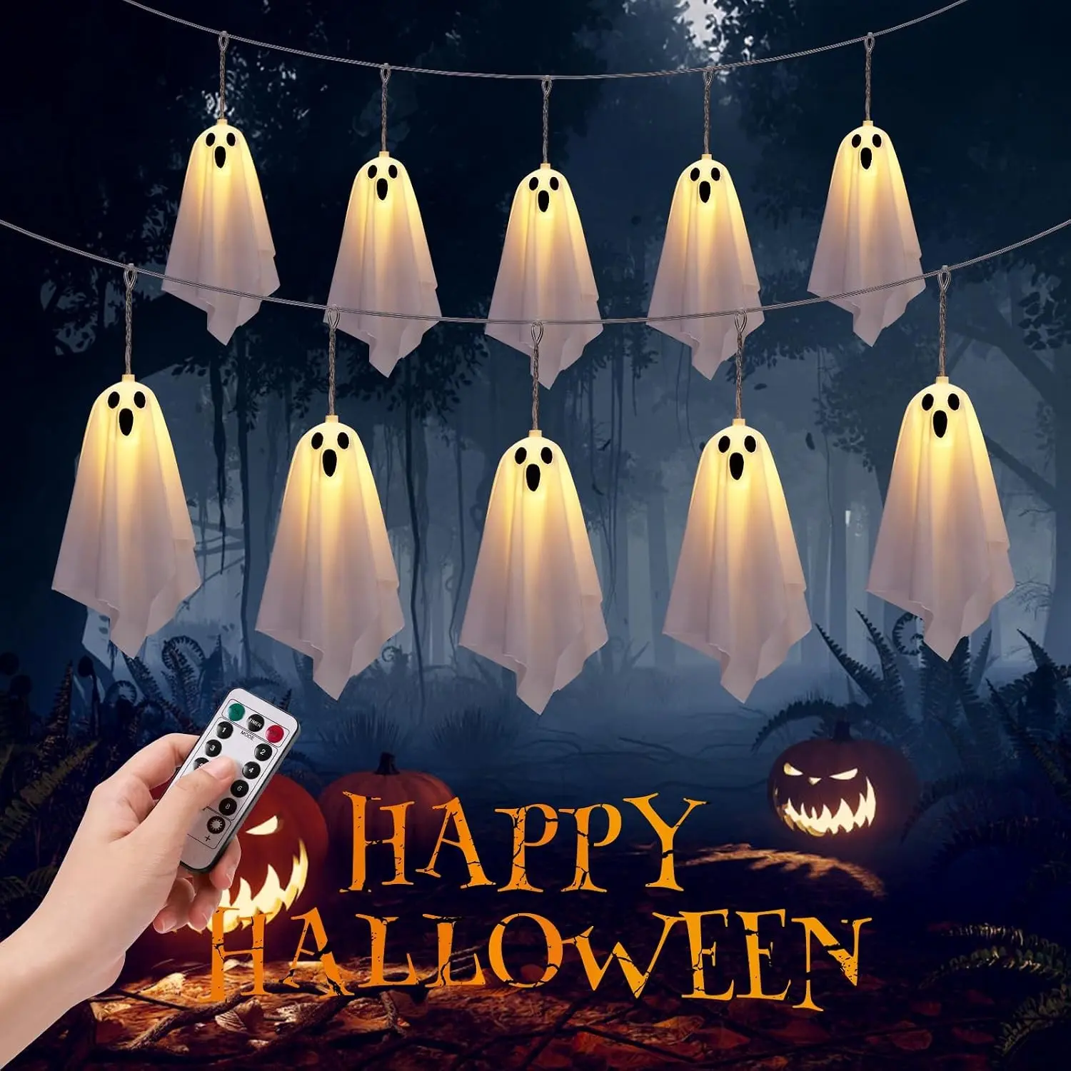 Halloween LED Light String, Glowing Ghost Hanging Decor, Remote Control, 8 Modes, Battery Powered, Party, Home, Festival Decoration