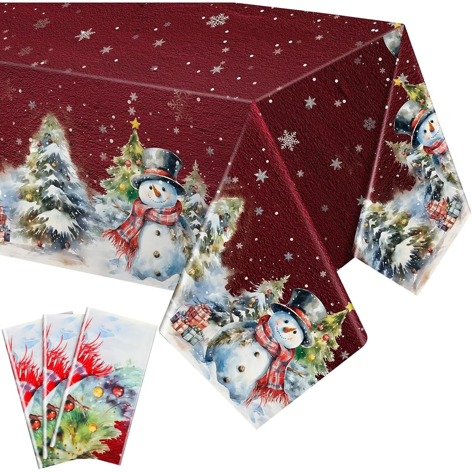 3 Pack Christmas Table Cloths 54 x 108 Plastic Snowman Tablecloths | Snowman , Burgundy Disposable Rectangle Table Covers, Easy Cleanup, Winter Holiday  Kitchen Party Decoration