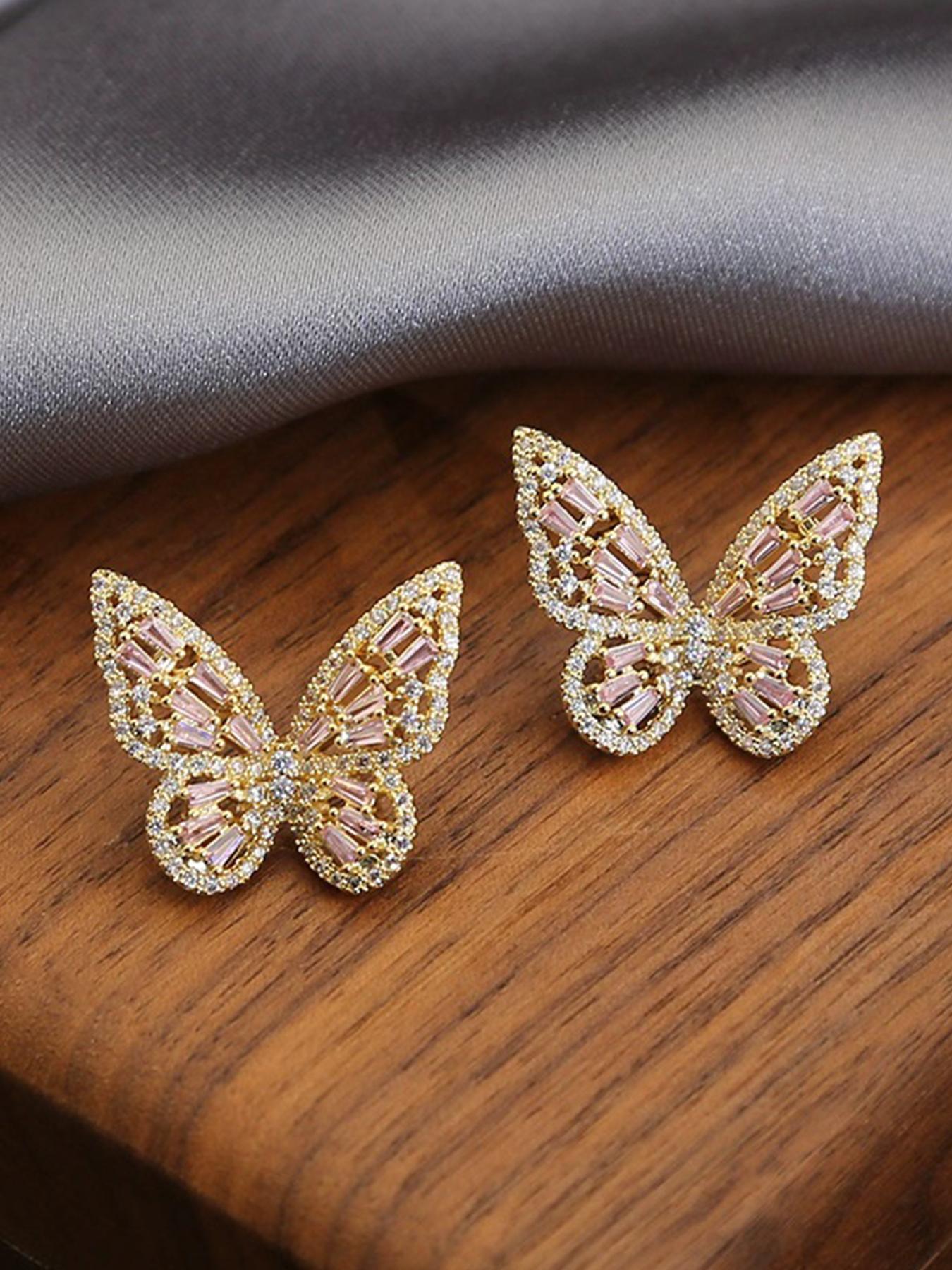 Women's Hypoallergenic Luxury Rainbow Crystal Butterfly Stud Earrings, Gold Plated Full Paved Multi-Color Rhinestone Inlaid Statement Earrings, Fashion Jewelry for Party Wedding Everyday Wear & Gift