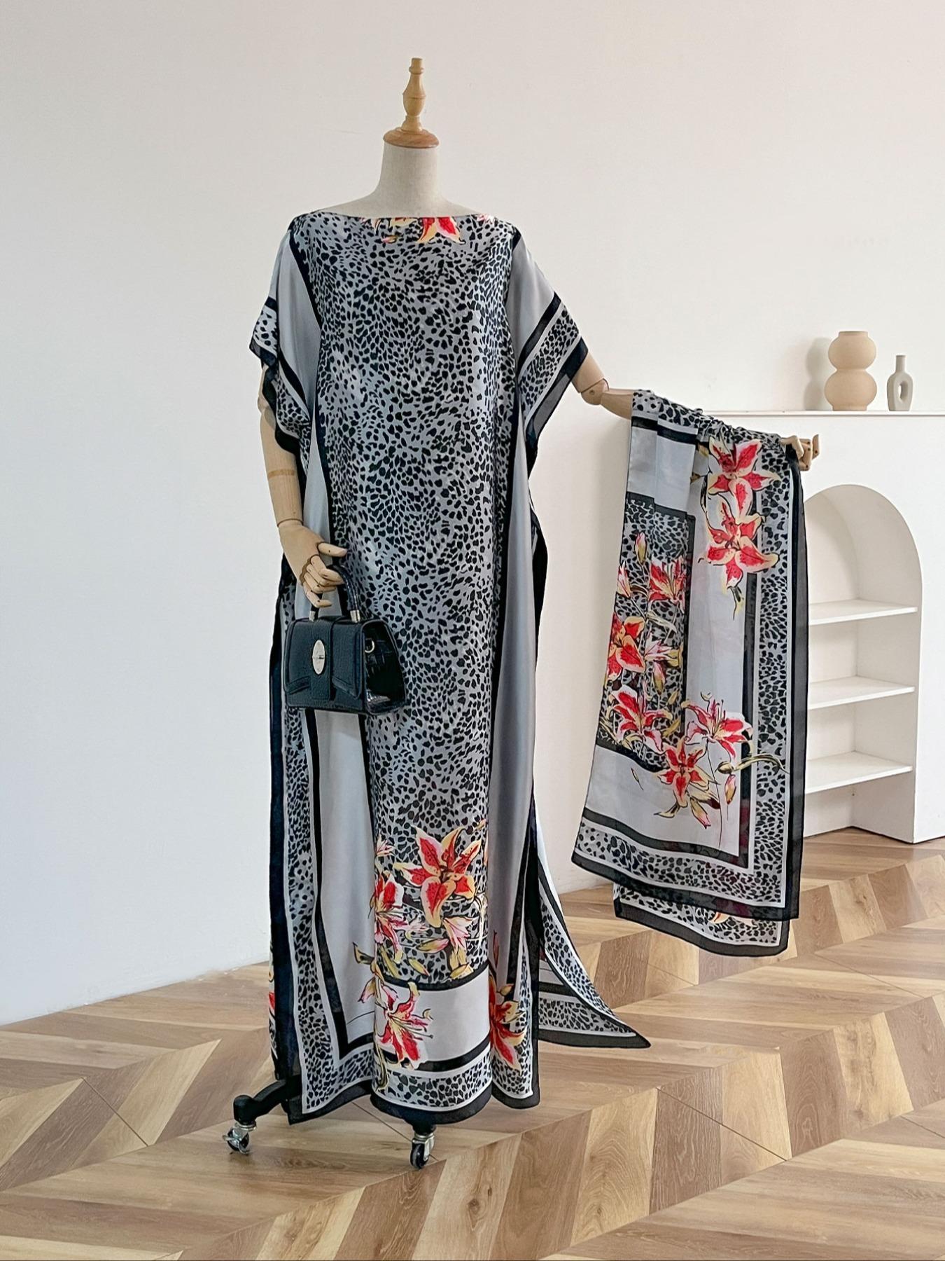 Women's Leopard Print Long Sleeve Kimono & Scarf Set, Casual Open Front Outerwear & Shawl, Ladies Clothes for Beach Vacation, Beach Swimsuit Cover, Womenswear, Leopard Pattern