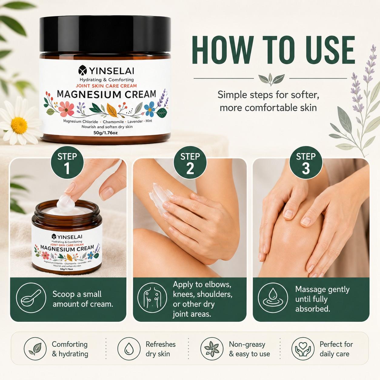 Natural Moisturizing Cream. Gentle formula nourishes and hydrates skin around joints. Suitable for body, neck, knees, hands, legs and waist. Perfect for seniors and athletes to care for skin on muscles and joints.