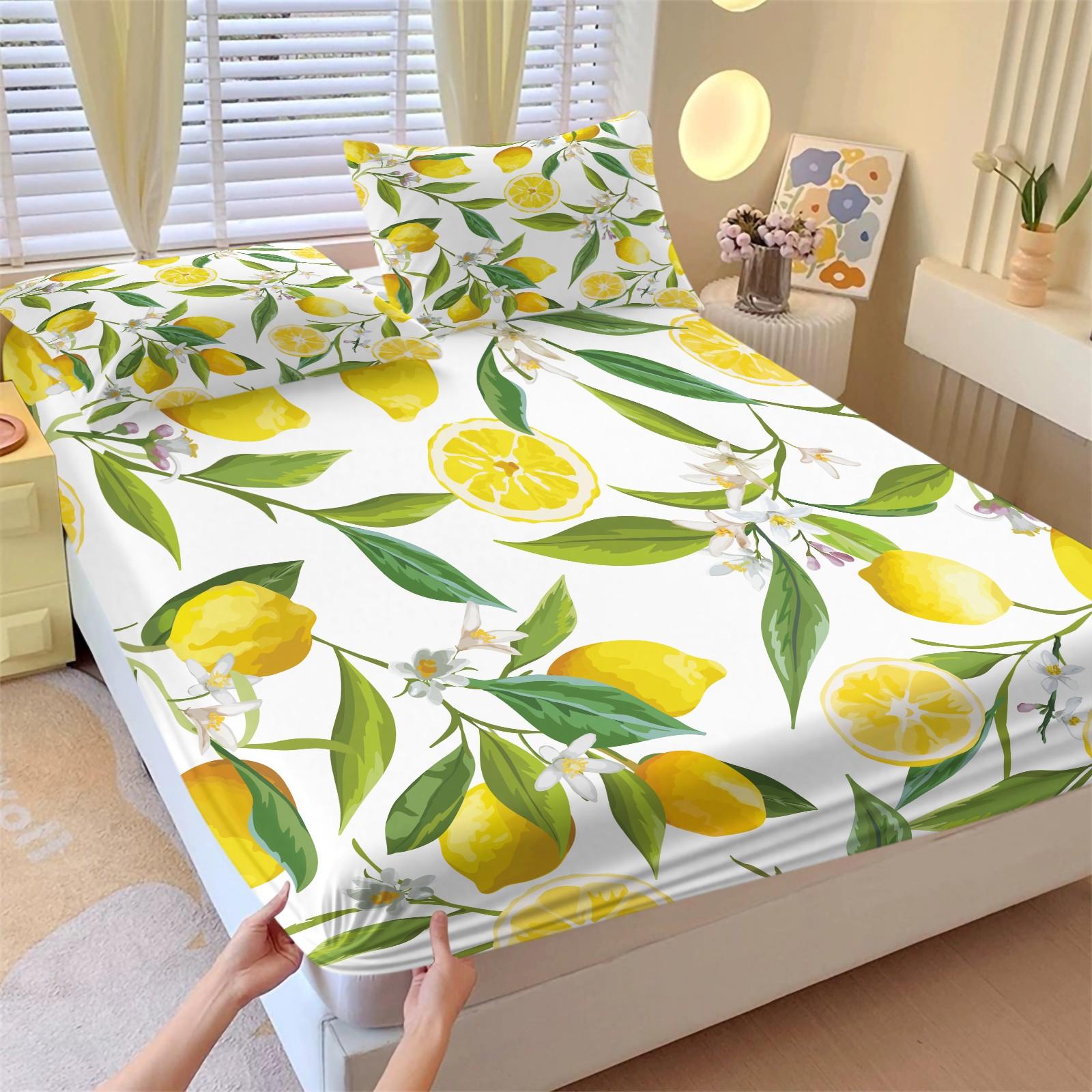 3pcs Watercolor Lemon Fitted Sheet Set, Fresh Fruit Bed Sheet Set, Soft Microfiber Bedding Set (No Fillers), Summer Citrus Mattress Cover for Girls Bedroom & Guest Room
